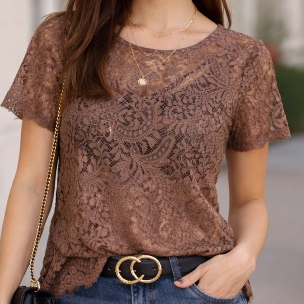BKE Boutique Brown Lace Short Sleeve Sheer Top BTQM46071 Womens Large Boho Chic - Picture 2 of 9